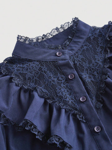 MOD Women Elegant Ruffle Trim Lace Contrast Blouse, Autumn