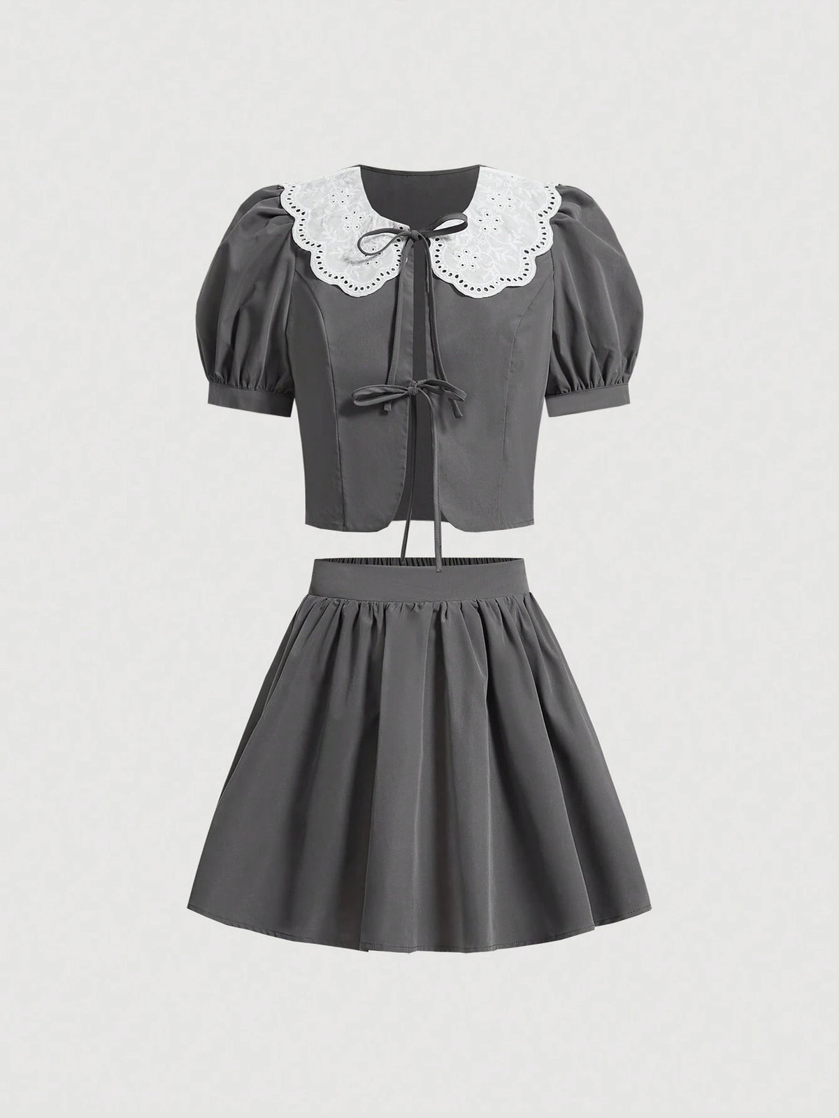 Women Fashionable Embroidered Collar With Bubble Sleeves And Front Middle Tie Shirt, High Waisted Pleated A-Line Skirt Two-Piece Set