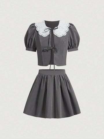 Women Fashionable Embroidered Collar With Bubble Sleeves And Front Middle Tie Shirt, High Waisted Pleated A-Line Skirt Two-Piece Set