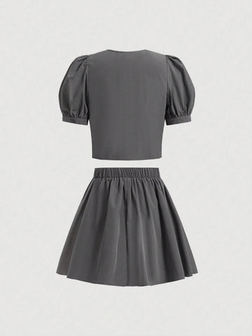 Women Fashionable Embroidered Collar With Bubble Sleeves And Front Middle Tie Shirt, High Waisted Pleated A-Line Skirt Two-Piece Set