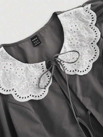 Women Fashionable Embroidered Collar With Bubble Sleeves And Front Middle Tie Shirt, High Waisted Pleated A-Line Skirt Two-Piece Set