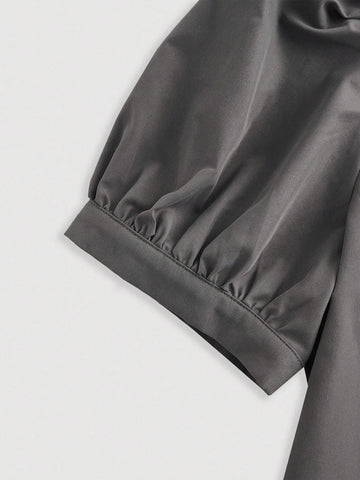 Women Fashionable Embroidered Collar With Bubble Sleeves And Front Middle Tie Shirt, High Waisted Pleated A-Line Skirt Two-Piece Set