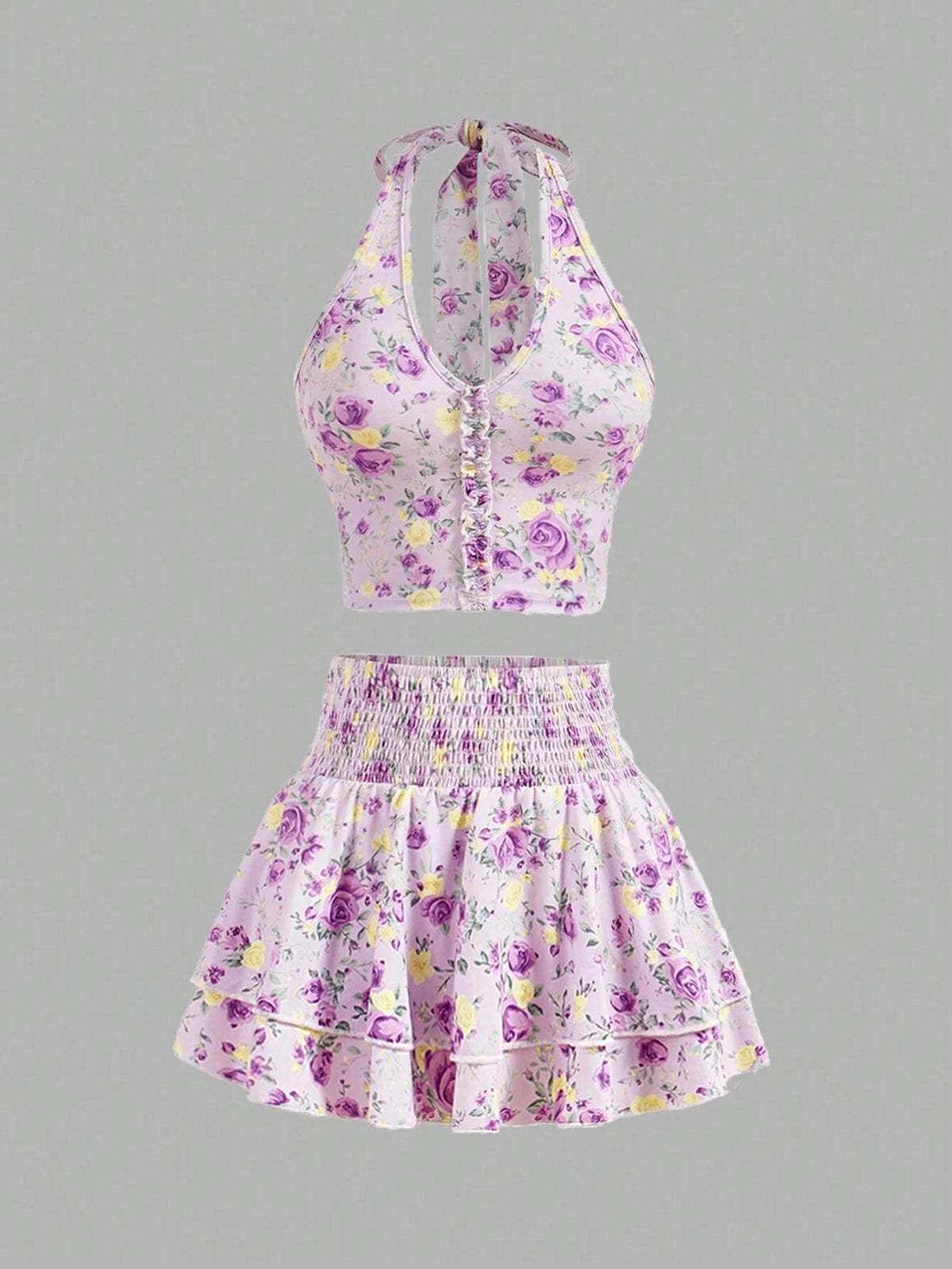 Women\ Fashionable Halter Neck Floral Top And Skirt Set