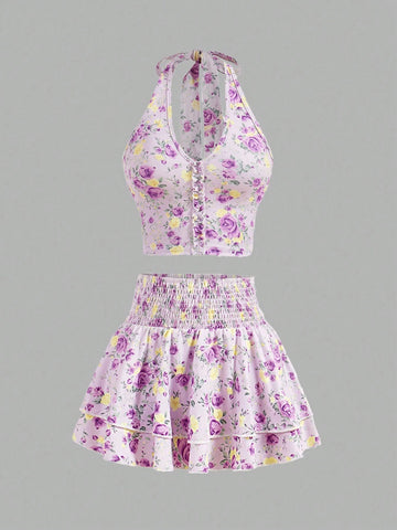 Women\ Fashionable Halter Neck Floral Top And Skirt Set