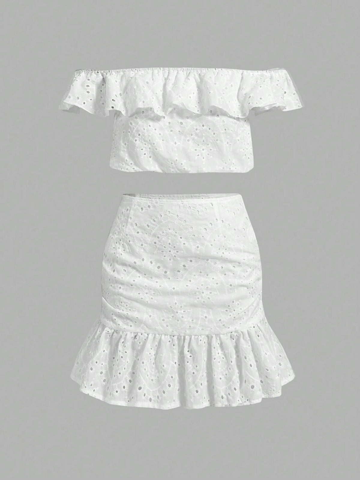 Women Fashionable Solid Color Off Shoulder Ruffled Top And Skirt Set