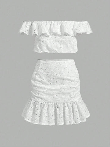Women Fashionable Solid Color Off Shoulder Ruffled Top And Skirt Set