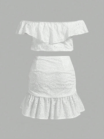 Women Fashionable Solid Color Off Shoulder Ruffled Top And Skirt Set