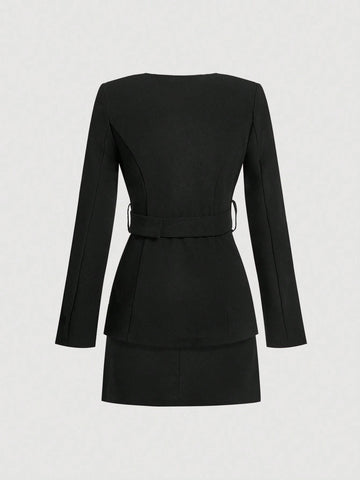 Women Front Button Long Sleeve Pocket Minimalist Top And A-Line Skirt Suit