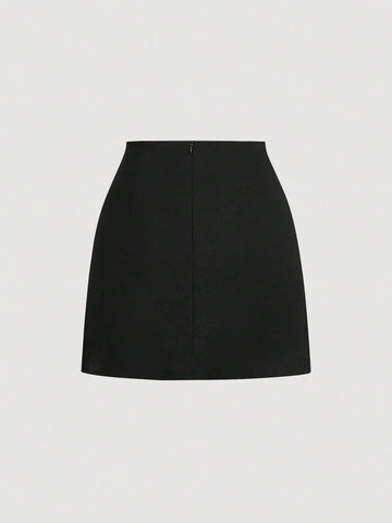 Women Front Button Long Sleeve Pocket Minimalist Top And A-Line Skirt Suit