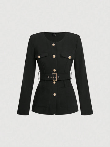 Women Front Button Long Sleeve Pocket Minimalist Top And A-Line Skirt Suit