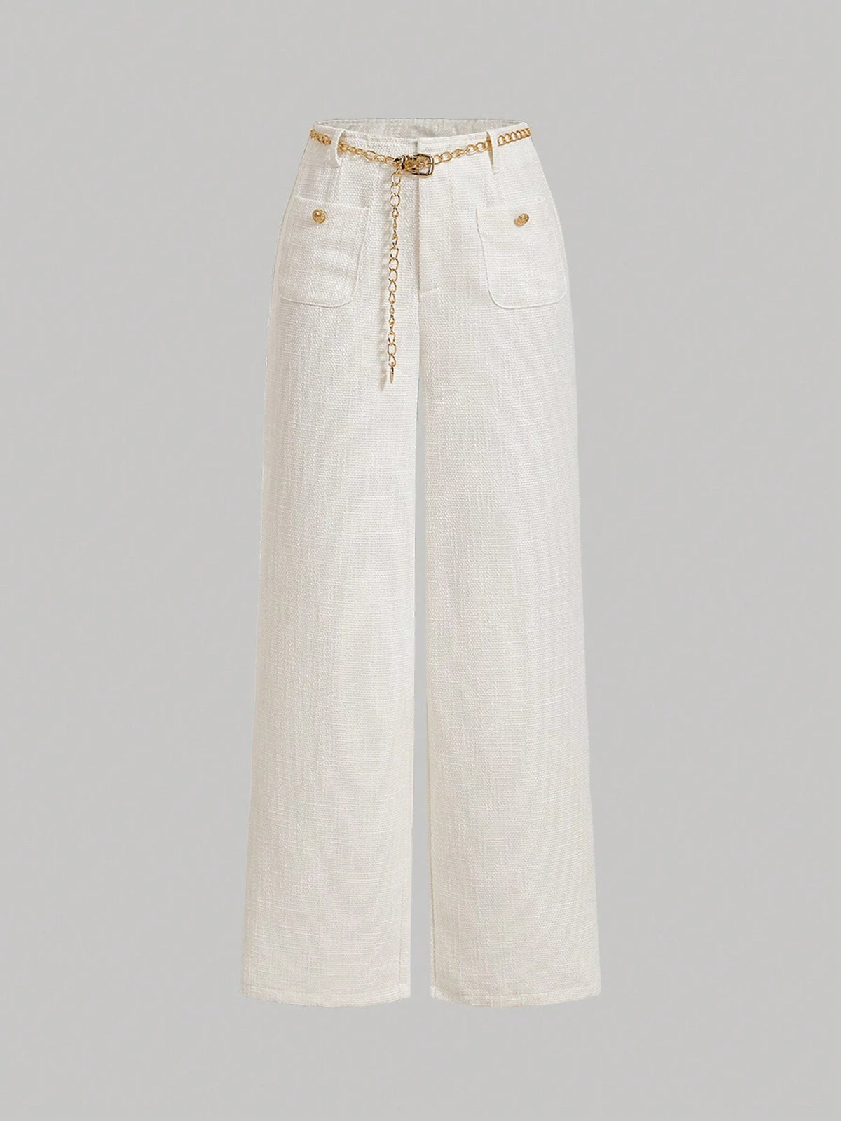 MOD Women Metal Chain Belt Decorated Wide Wool Straight Pants
