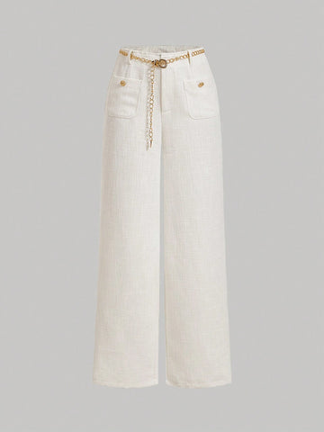 MOD Women Metal Chain Belt Decorated Wide Wool Straight Pants