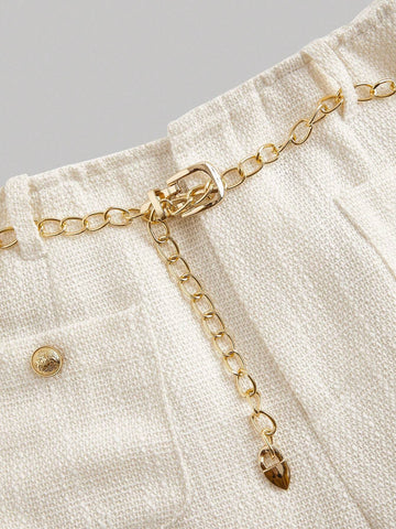 MOD Women Metal Chain Belt Decorated Wide Wool Straight Pants