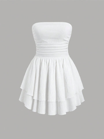 Women Off Shoulder Double Ruffle Hem Dress With Waist Pleat Detail