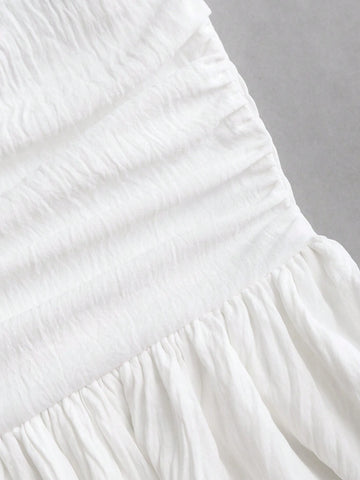 Women Off Shoulder Double Ruffle Hem Dress With Waist Pleat Detail