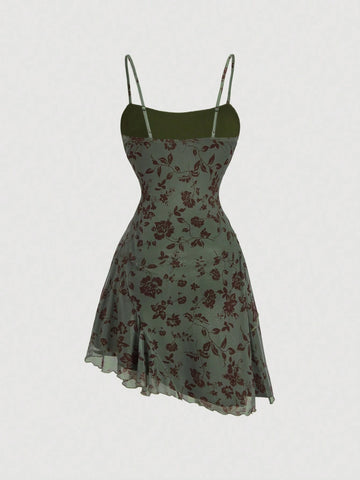 Women Olive Green Floral Vintage Short Dress, 70s Retro