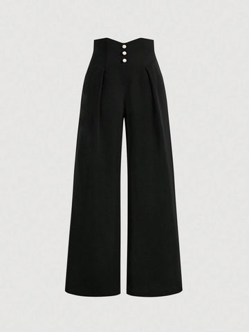 MOD Women Palace Waistband Ultra-High Waist Long Black Wide-Leg Pants