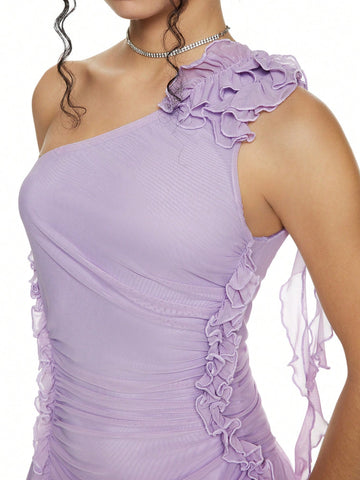 Women Purple Ruffled Asymmetrical Romantic Party Dress