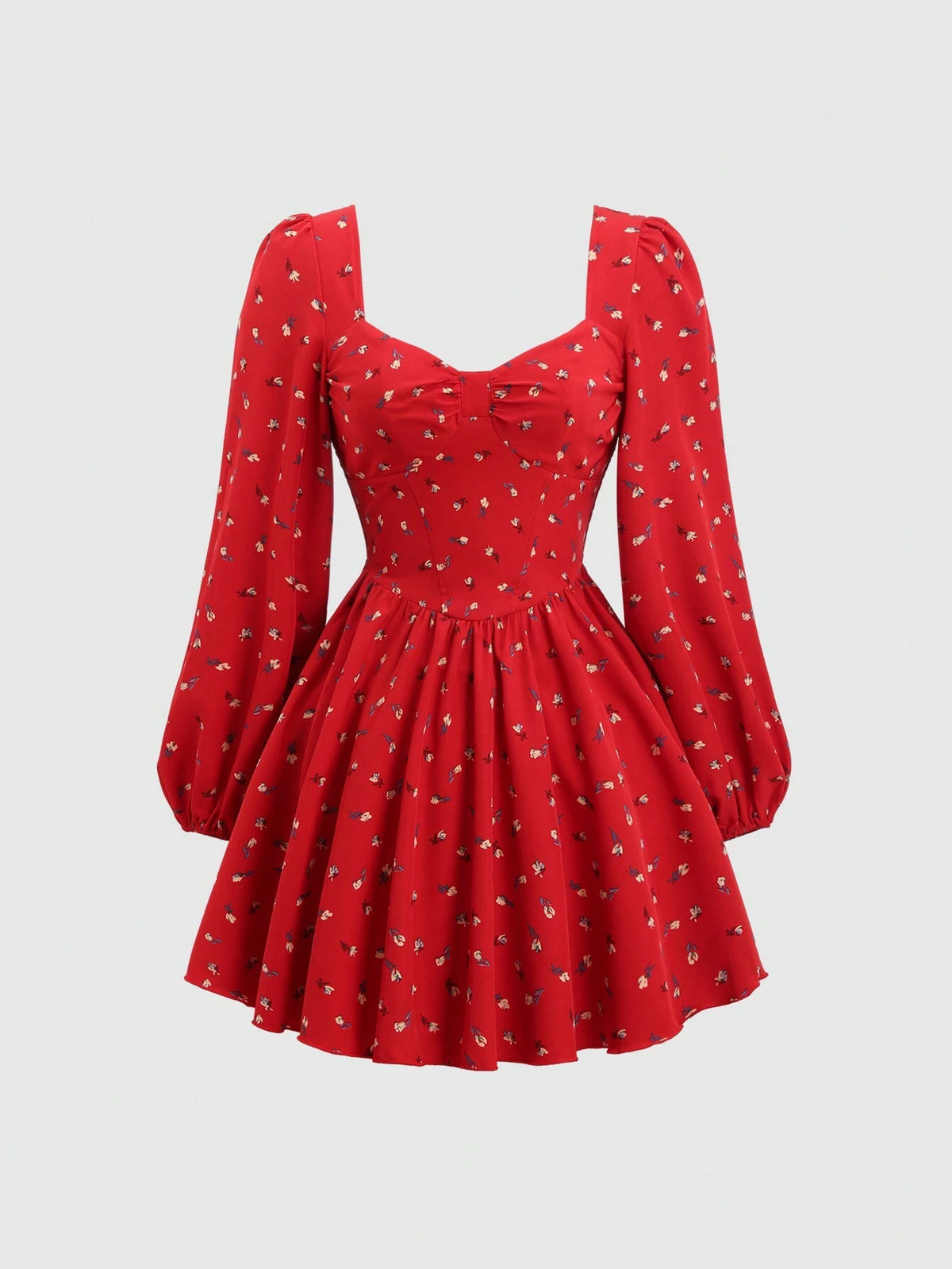 Women Red Ditsy Floral Long Sleeve Dress