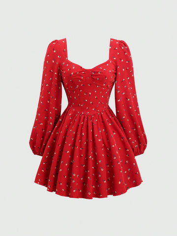 Women Red Ditsy Floral Long Sleeve Dress