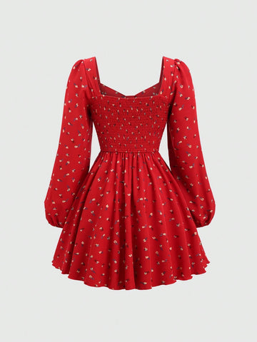Women Red Ditsy Floral Long Sleeve Dress