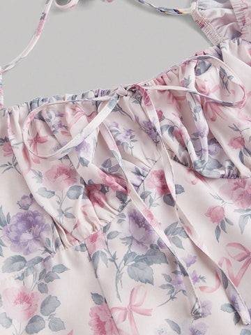 Women Romantic Floral Print Bowknot Decor Lantern Sleeve Dress With Bust Ruched Design And Tie