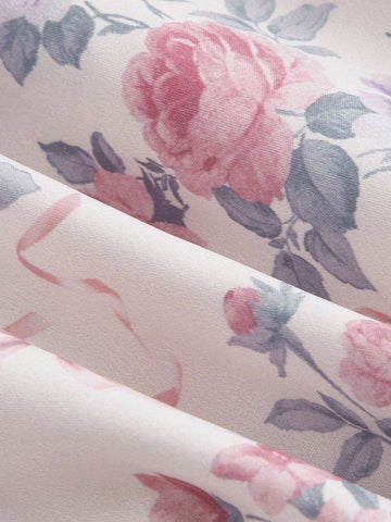Women Romantic Floral Print Bowknot Decor Lantern Sleeve Dress With Bust Ruched Design And Tie