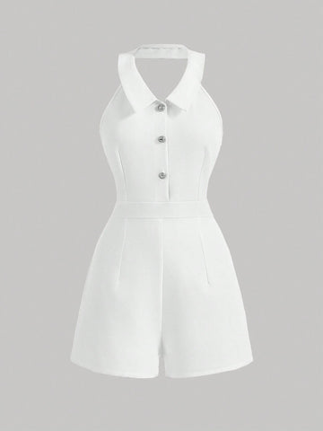 Women Rompers Solid Color Halter Neck Romper