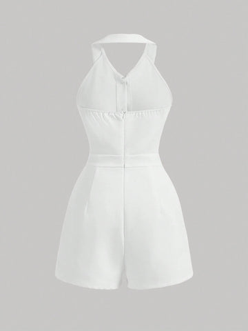 Women Rompers Solid Color Halter Neck Romper