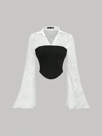 Women Ruffle Sleeve Lace Blouse, Office Siren Autumn Casual Top, Back To School Outfit,Office Wear,Long Sleeve Women Tops