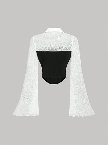 Women Ruffle Sleeve Lace Blouse, Office Siren Autumn Casual Top, Back To School Outfit,Office Wear,Long Sleeve Women Tops