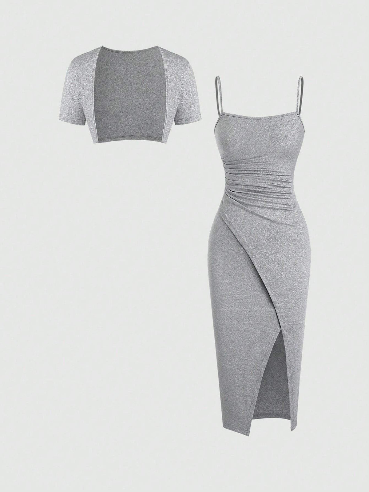 Women Solid Color Ruched Wrap Hem Cami Dress And Open Front Jacket Set