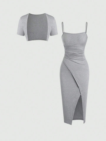 Women Solid Color Ruched Wrap Hem Cami Dress And Open Front Jacket Set