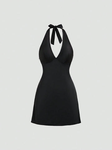 Women Solid Color Simple Daily Tie-Neck A-Line Dress