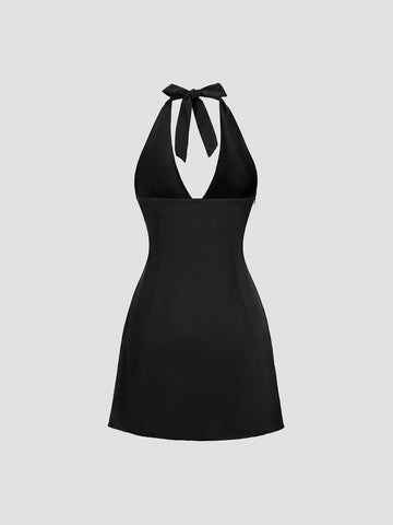 Women Solid Color Simple Daily Tie-Neck A-Line Dress