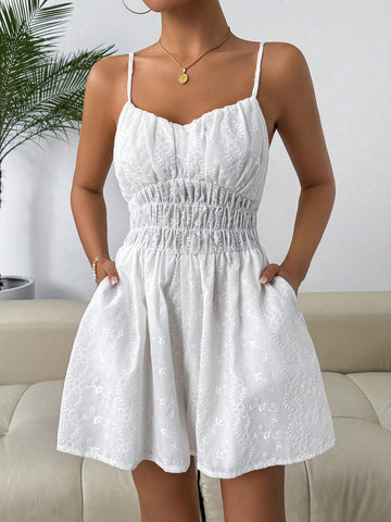 Women Solid Ruched Bust Schiffy Cami Romper