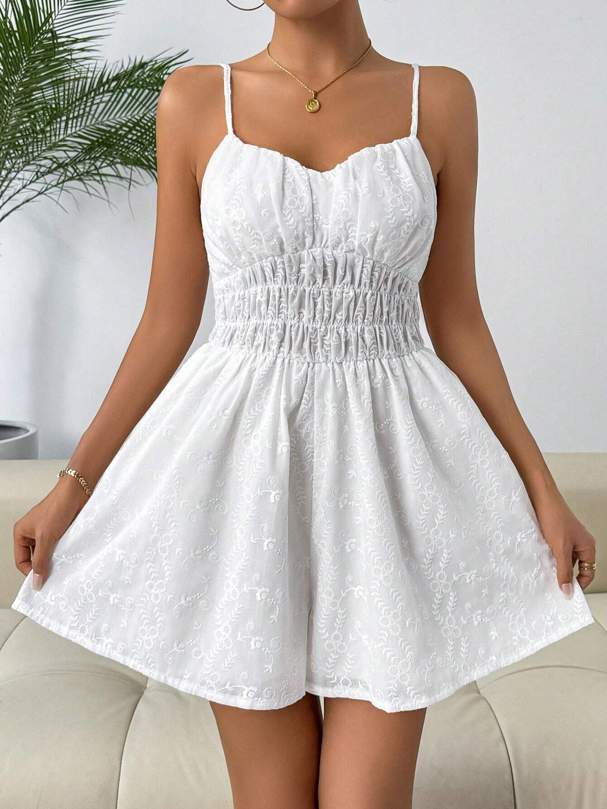 Women Solid Ruched Bust Schiffy Cami Romper