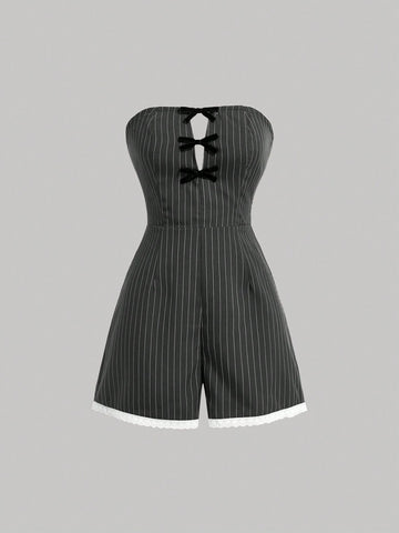 Women Striped Strapless Jumpsuit With Hollow Out Front And Bow Decoration