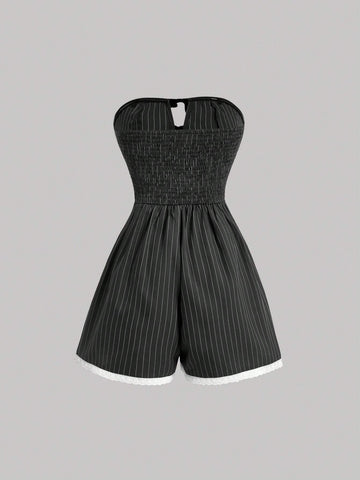 Women Striped Strapless Jumpsuit With Hollow Out Front And Bow Decoration