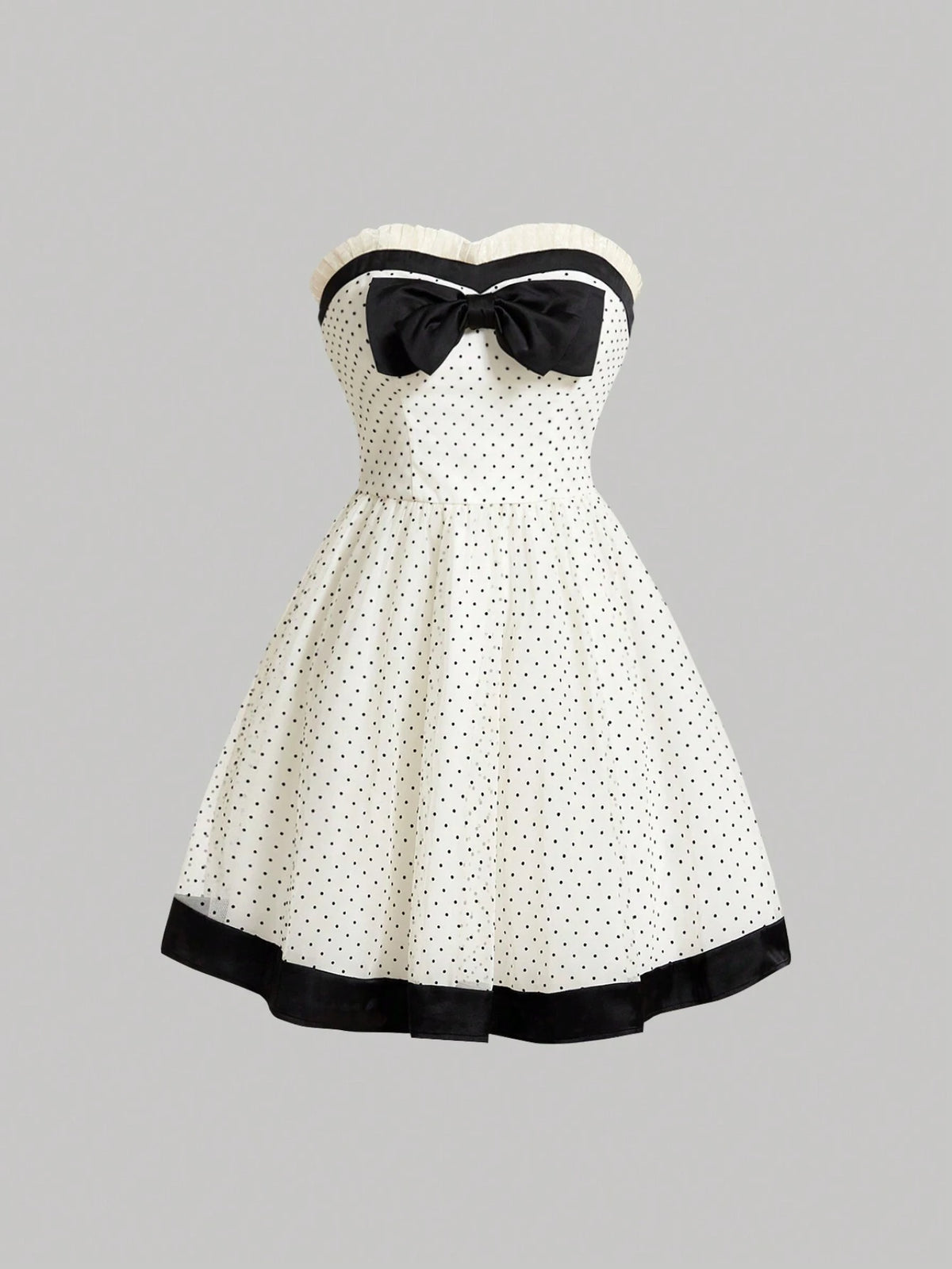 Women Summer Bow Detail Decor Colliding Color Polka Dot Mesh Bandeau Dress