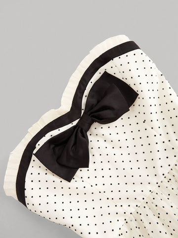 Women Summer Bow Detail Decor Colliding Color Polka Dot Mesh Bandeau Dress