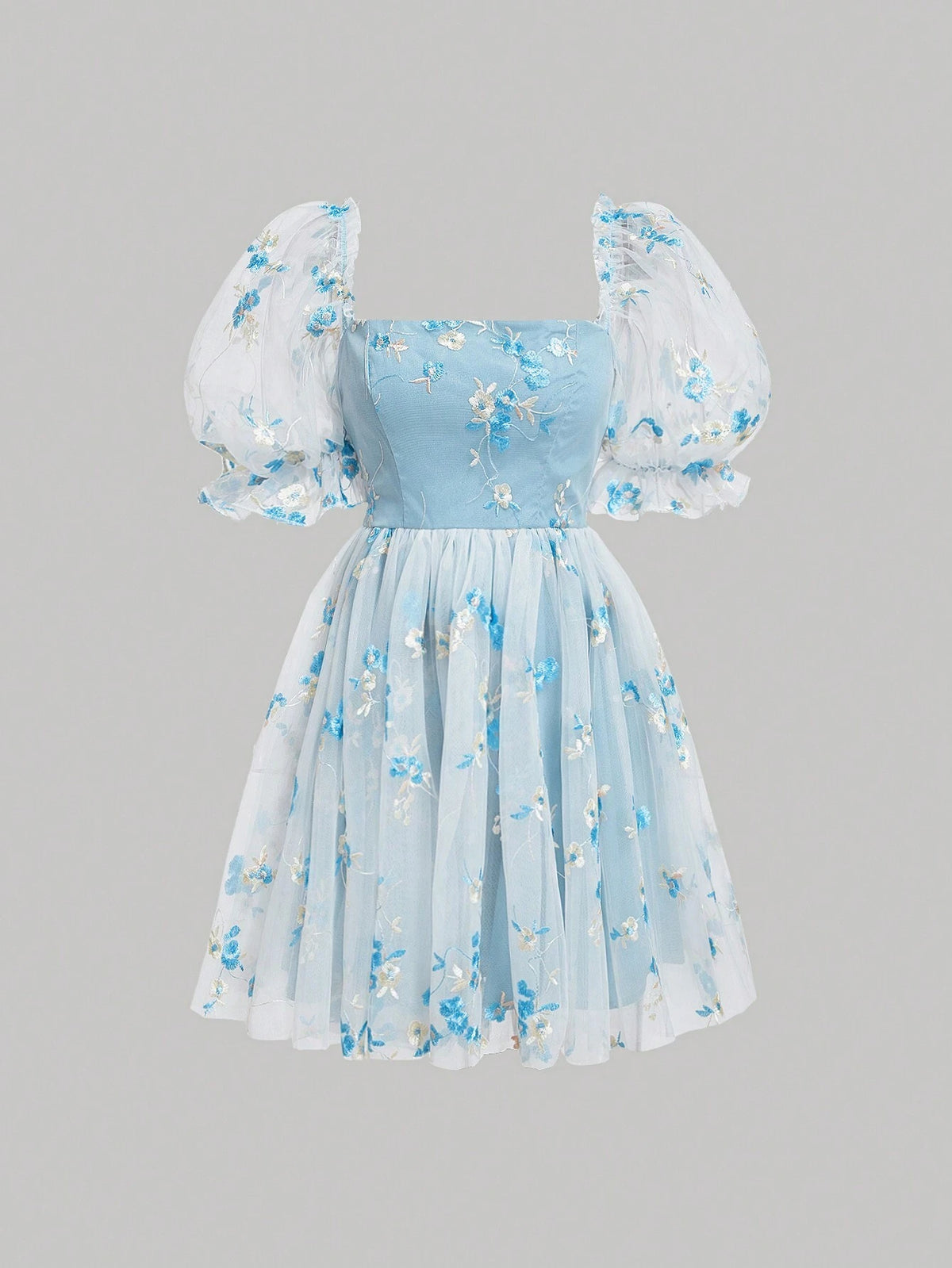 Women Summer Casual Floral Embroidery Bubble Sleeve Patchwork Mesh Dress