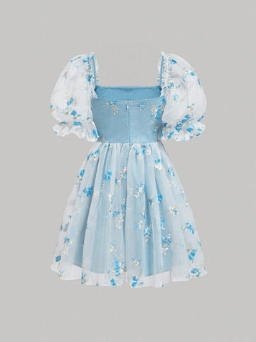 Women Summer Casual Floral Embroidery Bubble Sleeve Patchwork Mesh Dress