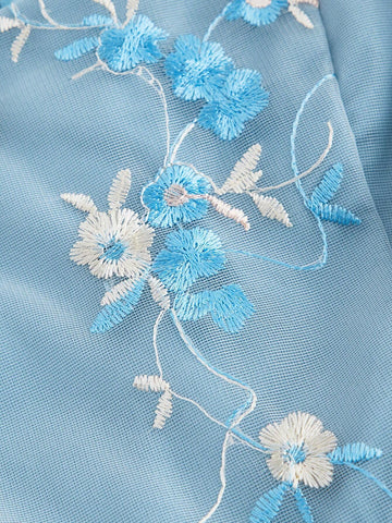 Women Summer Casual Floral Embroidery Bubble Sleeve Patchwork Mesh Dress