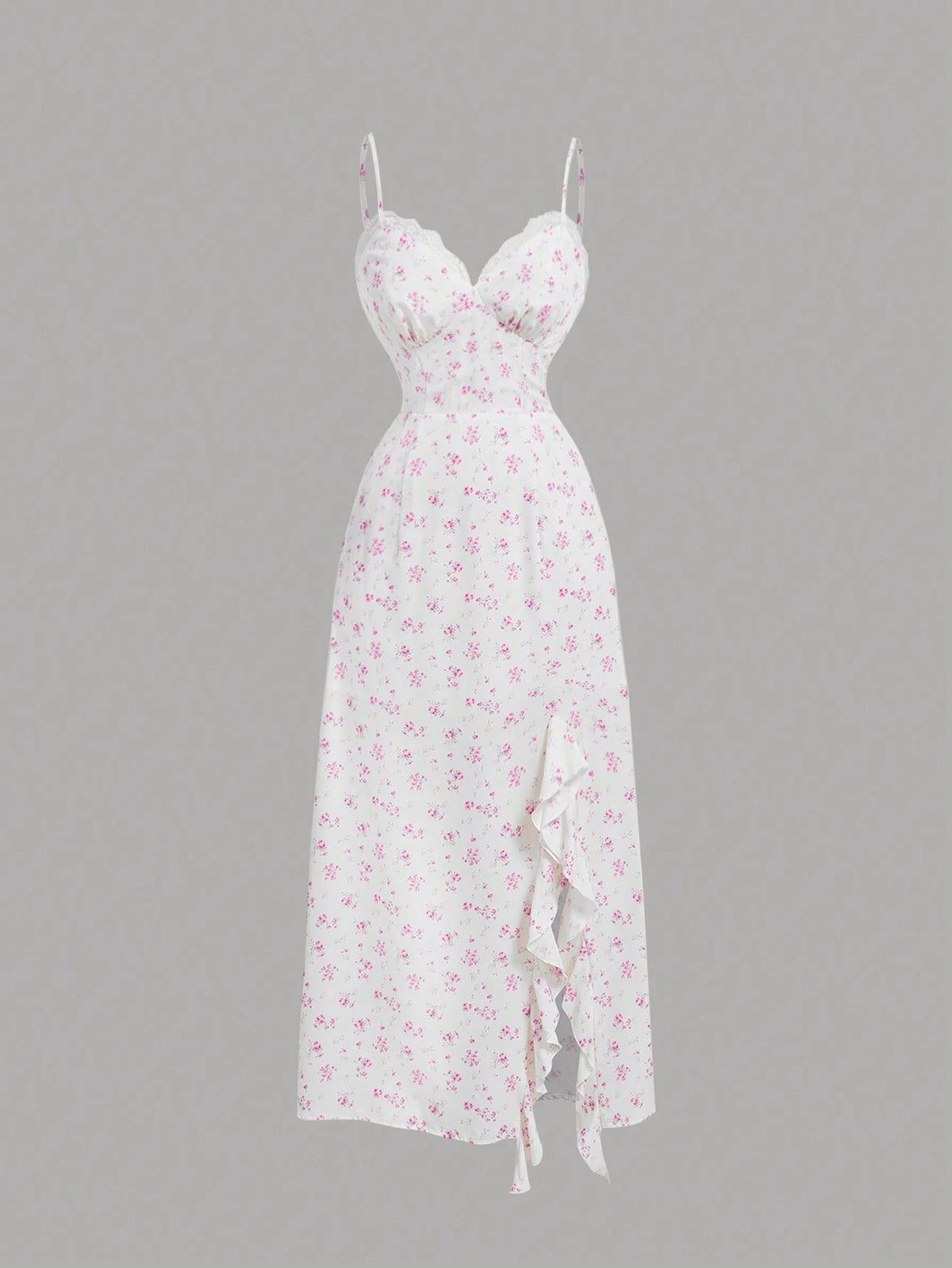 Women Summer Lace Halterneck Pleated Cupped Hem Floral Print High Split Dress With Ruffle Trim