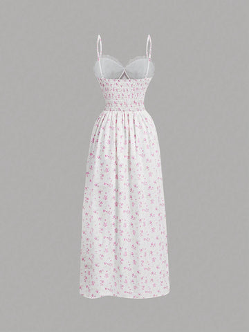 Women Summer Lace Halterneck Pleated Cupped Hem Floral Print High Split Dress With Ruffle Trim