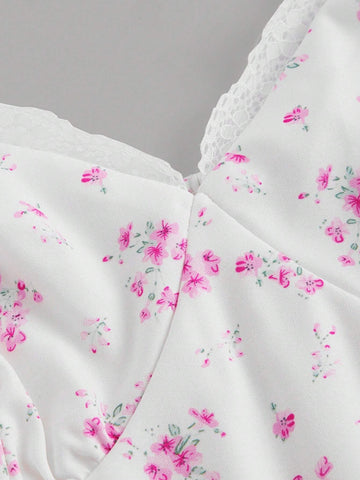 Women Summer Lace Halterneck Pleated Cupped Hem Floral Print High Split Dress With Ruffle Trim