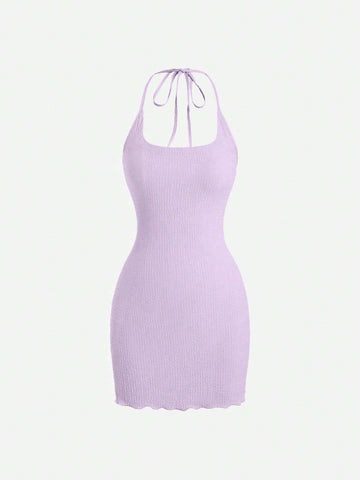 Women Summer Solid Color Slim Fit Halter Neck Strap Dress