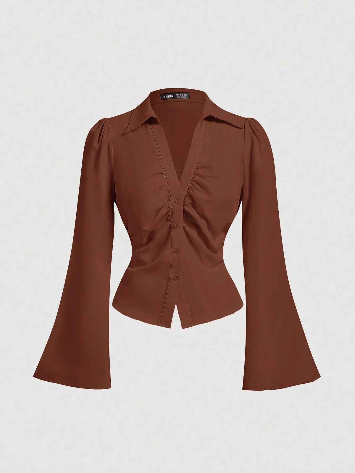 MOD Women V-Neck Ruffle Flared Sleeve Blouse, Waist Cinched,Black Long Sleeve Shirt