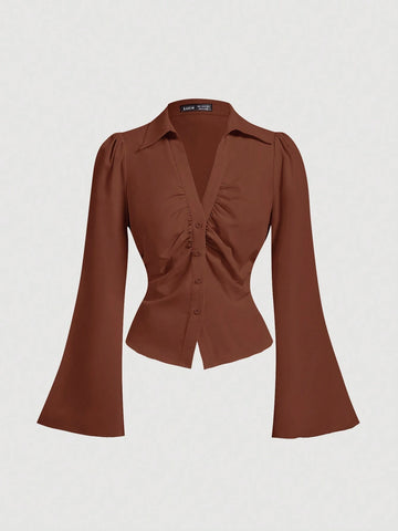 MOD Women V-Neck Ruffle Flared Sleeve Blouse, Waist Cinched,Black Long Sleeve Shirt